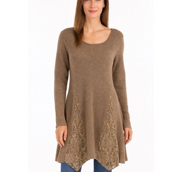 Scandal tunic sweater dress brown pleated sequined embellished long sleeve LG - Picture 1 of 9